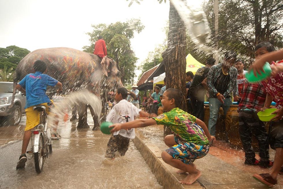 Elefantes a participar no Songkran em Ayutthaya, Tailândia | Happymind Travels