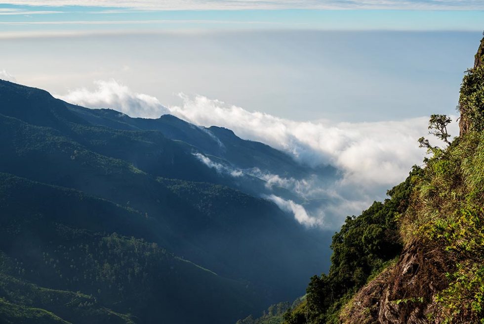 The View at World's End with clouds rising and covering the landscape in Horton Plains, Sri Lanka | Happymind Travels